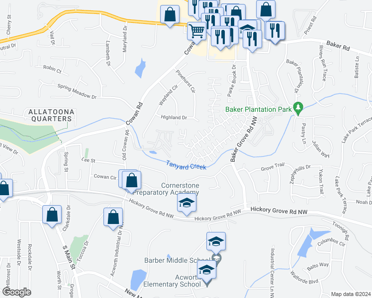 map of restaurants, bars, coffee shops, grocery stores, and more near 120 Windcroft Court Northwest in Acworth