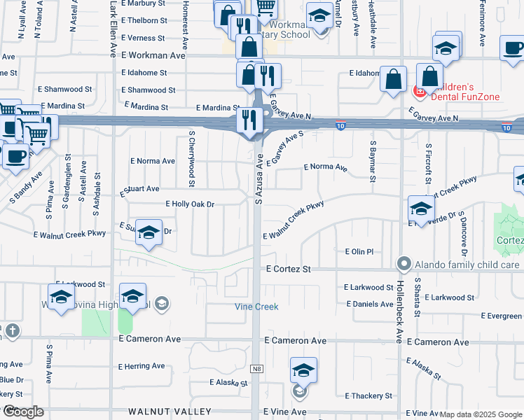 map of restaurants, bars, coffee shops, grocery stores, and more near 1804 East Holly Oak Drive in West Covina