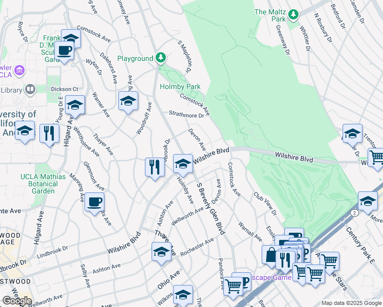 map of restaurants, bars, coffee shops, grocery stores, and more near 10375 Wilshire Boulevard in Los Angeles
