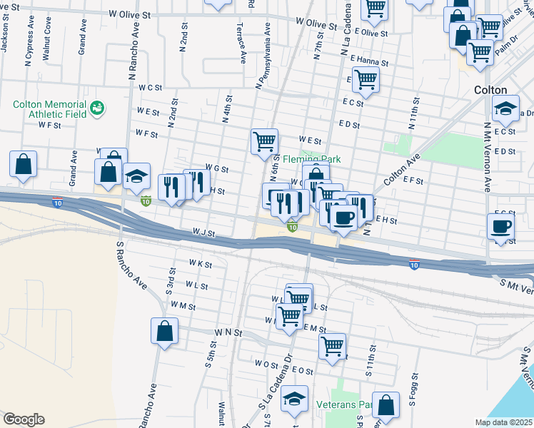 map of restaurants, bars, coffee shops, grocery stores, and more near 229 West Valley Boulevard in Colton