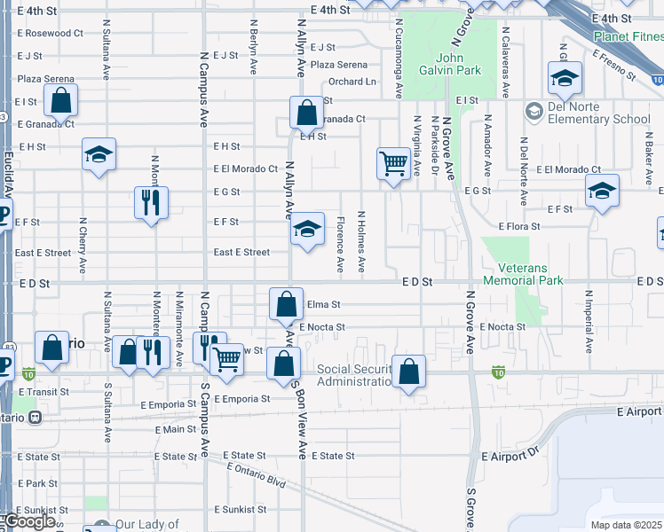map of restaurants, bars, coffee shops, grocery stores, and more near 2 East D Street in Ontario