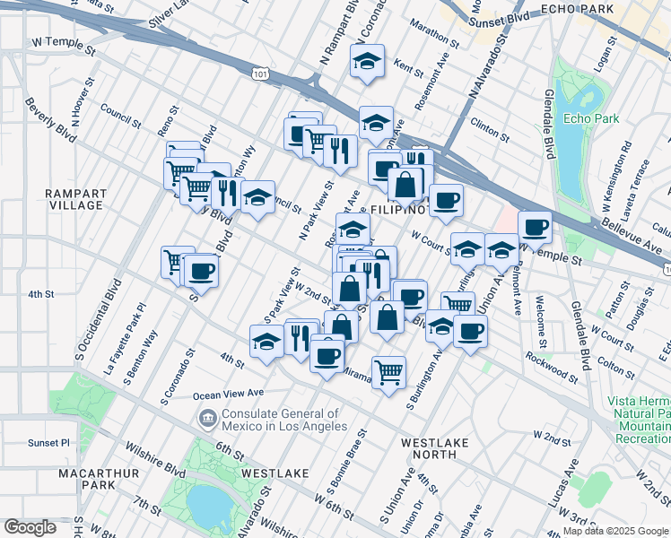map of restaurants, bars, coffee shops, grocery stores, and more near 110 Rosemont Avenue in Los Angeles