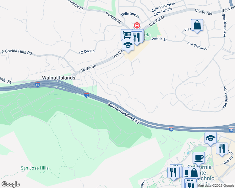 map of restaurants, bars, coffee shops, grocery stores, and more near 2369 Vía Fresa in San Dimas
