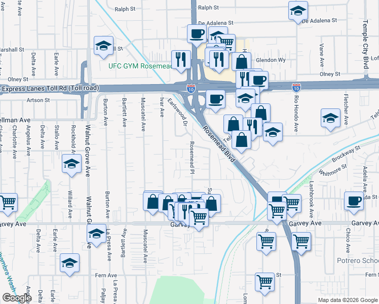 map of restaurants, bars, coffee shops, grocery stores, and more near 3243 Rosemead Place in Rosemead