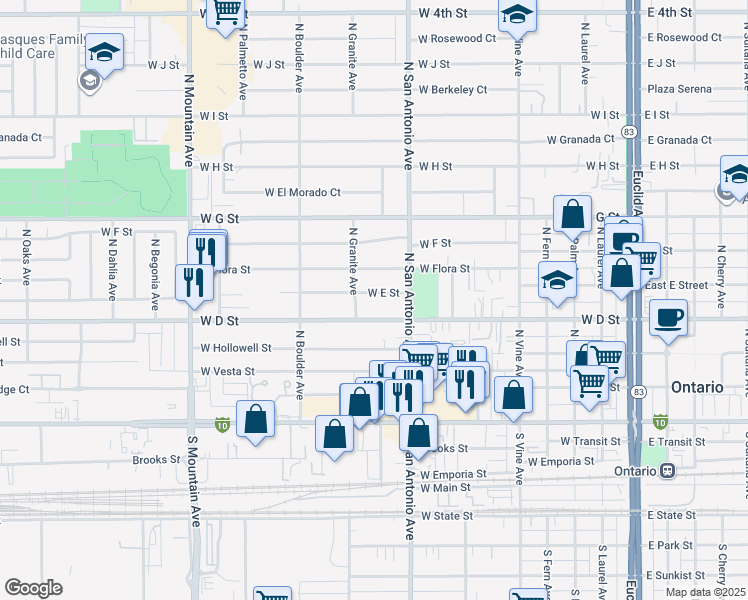 map of restaurants, bars, coffee shops, grocery stores, and more near 728 West E Street in Ontario