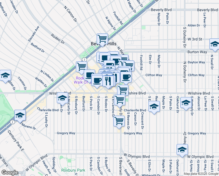 map of restaurants, bars, coffee shops, grocery stores, and more near 9840 Dayton Way in Beverly Hills