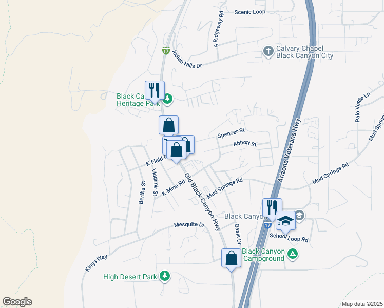 map of restaurants, bars, coffee shops, grocery stores, and more near 34301 S Old Black Canyon Hwy in Black Canyon City
