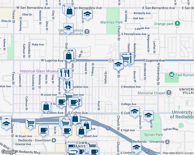 map of restaurants, bars, coffee shops, grocery stores, and more near 1136 Post Street in Redlands