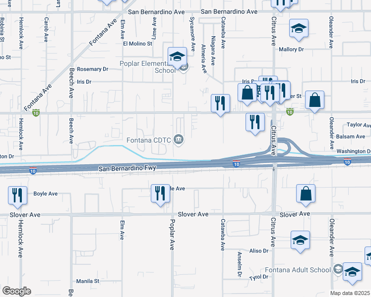 map of restaurants, bars, coffee shops, grocery stores, and more near 10207 Poplar Avenue in Fontana