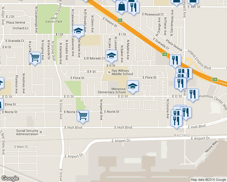 map of restaurants, bars, coffee shops, grocery stores, and more near 1433 East D Street in Ontario