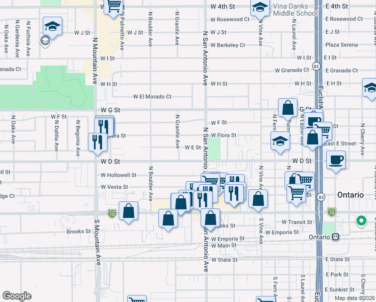 map of restaurants, bars, coffee shops, grocery stores, and more near 728 West E Street in Ontario