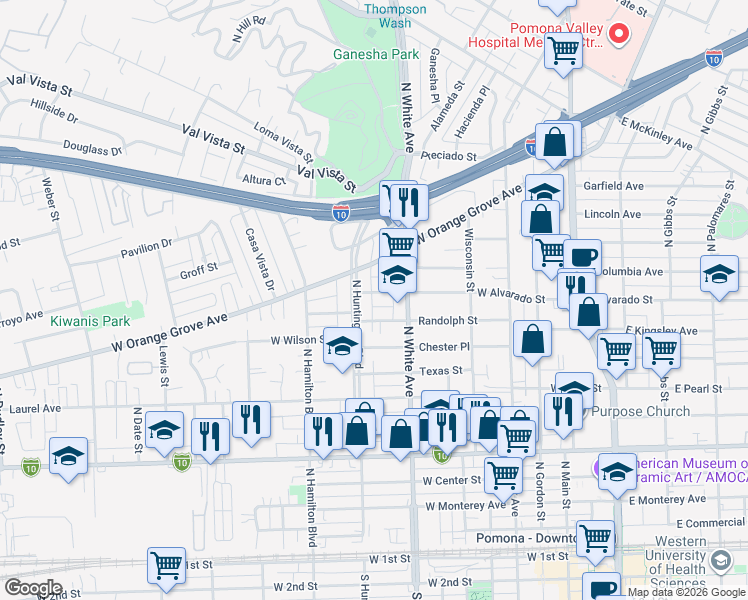 map of restaurants, bars, coffee shops, grocery stores, and more near 555 West Alvarado Street in Pomona