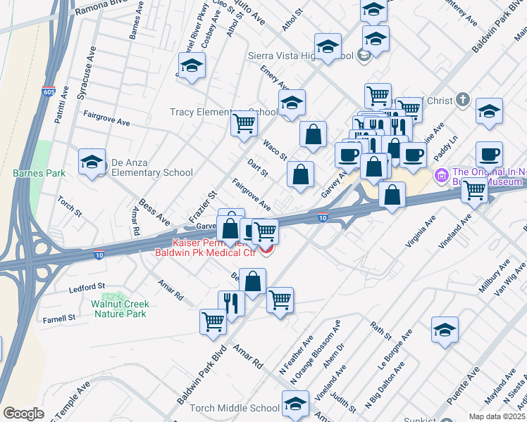 map of restaurants, bars, coffee shops, grocery stores, and more near 13227 Fairgrove Avenue in Baldwin Park