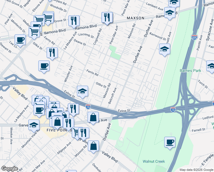 map of restaurants, bars, coffee shops, grocery stores, and more near 12143 Sitka Street in El Monte