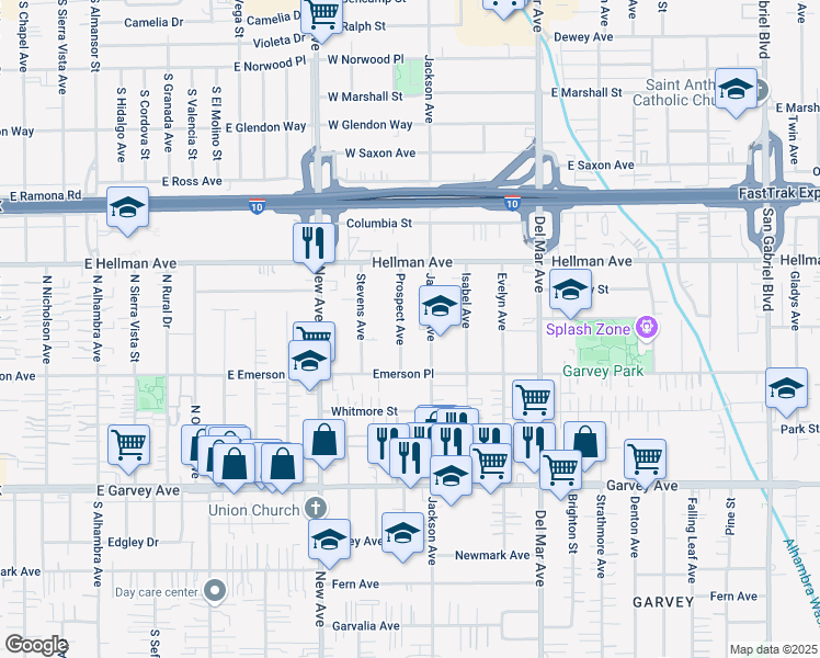 map of restaurants, bars, coffee shops, grocery stores, and more near 3301 Jackson Avenue in Rosemead