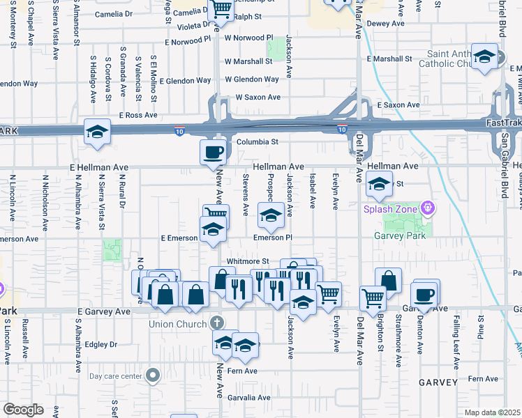 map of restaurants, bars, coffee shops, grocery stores, and more near 3253 Prospect Avenue in Rosemead