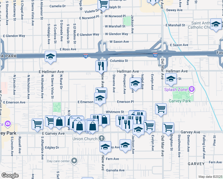 map of restaurants, bars, coffee shops, grocery stores, and more near 3303 1/2 Stevens Avenue in Rosemead