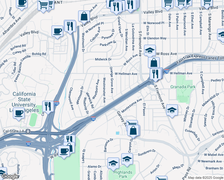 map of restaurants, bars, coffee shops, grocery stores, and more near 2200 Westminster Avenue in Alhambra