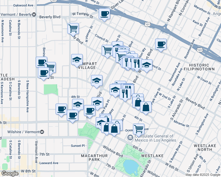 map of restaurants, bars, coffee shops, grocery stores, and more near 269 South La Fayette Park Place in Los Angeles