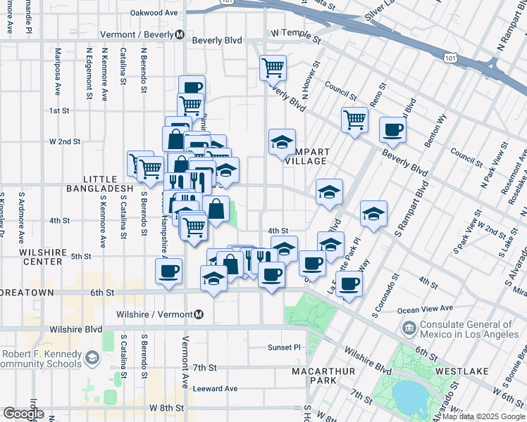 map of restaurants, bars, coffee shops, grocery stores, and more near 333 South Virgil Avenue in Los Angeles