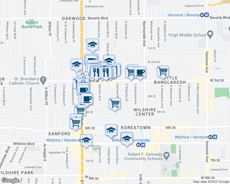 map of restaurants, bars, coffee shops, grocery stores, and more near 334 South Hobart Boulevard in Los Angeles