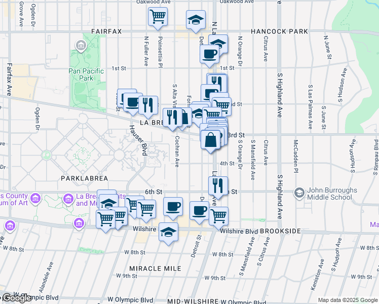 map of restaurants, bars, coffee shops, grocery stores, and more near 325 South Detroit Street in Los Angeles