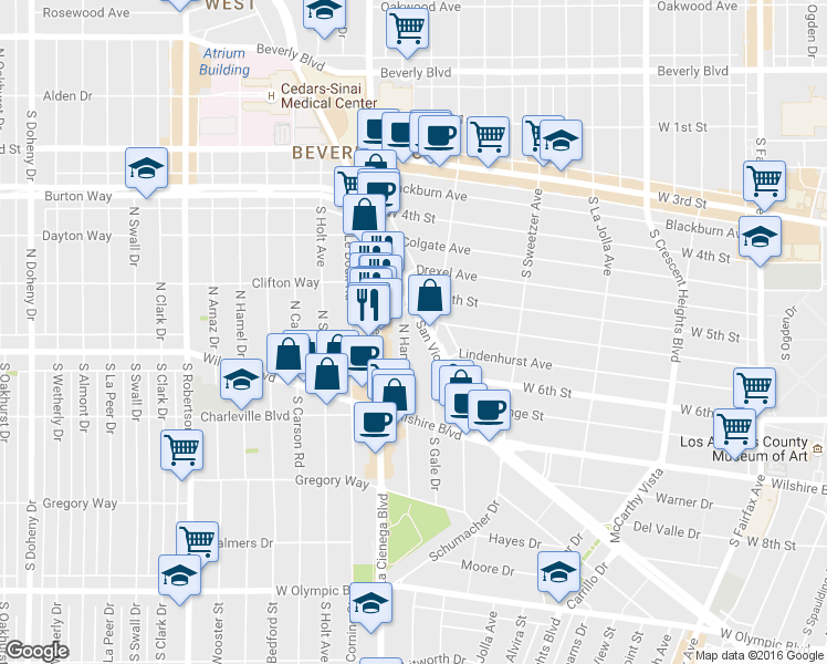 map of restaurants, bars, coffee shops, grocery stores, and more near 147 North Hamilton Drive in Beverly Hills