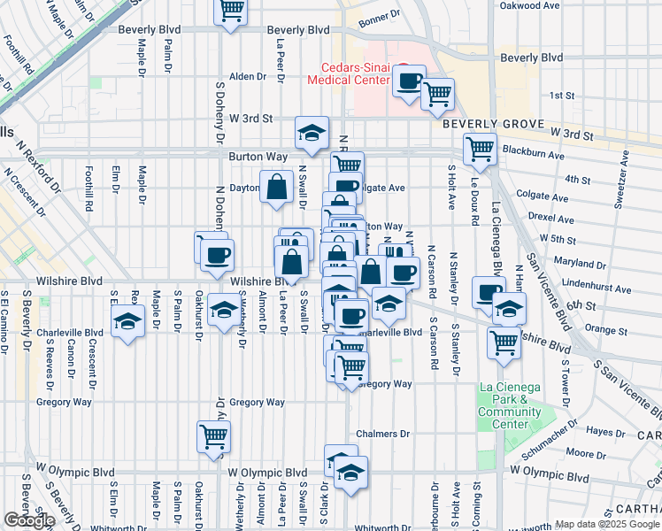 map of restaurants, bars, coffee shops, grocery stores, and more near 124 North Clark Drive in Beverly Hills