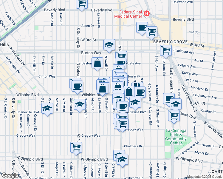 map of restaurants, bars, coffee shops, grocery stores, and more near 124 North Clark Drive in Beverly Hills