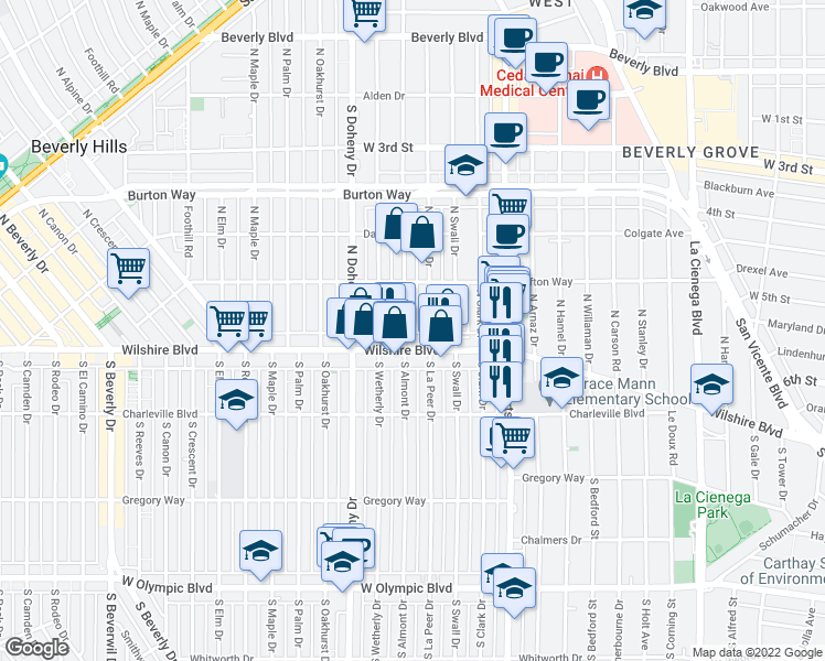 map of restaurants, bars, coffee shops, grocery stores, and more near 126 North Almont Drive in Beverly Hills