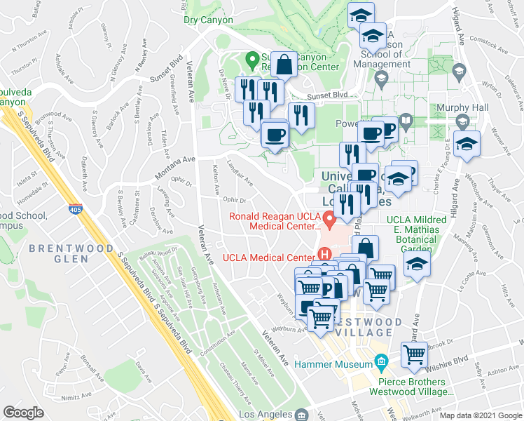 map of restaurants, bars, coffee shops, grocery stores, and more near 519 Landfair Avenue in Los Angeles