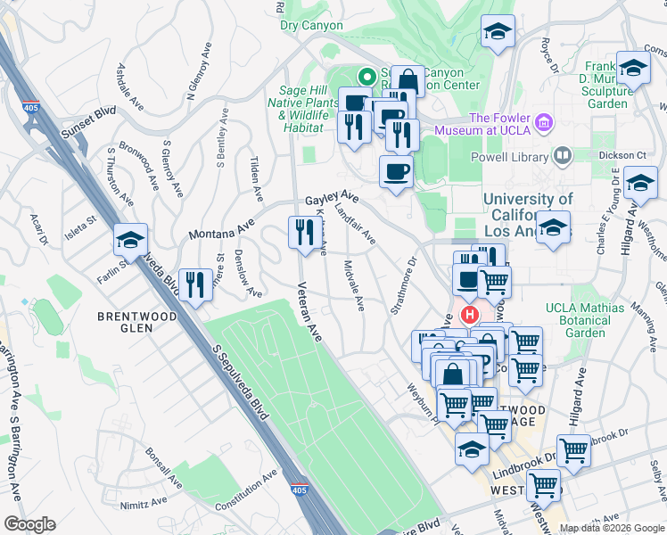 map of restaurants, bars, coffee shops, grocery stores, and more near 512 Kelton Avenue in Los Angeles