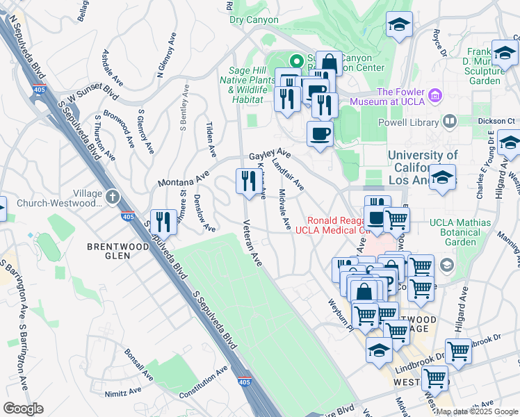 map of restaurants, bars, coffee shops, grocery stores, and more near 512 Kelton Avenue in Los Angeles