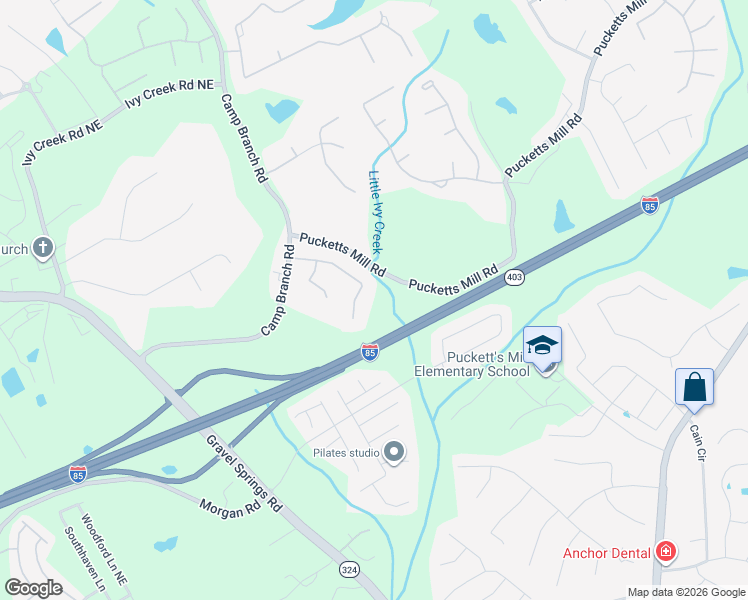 map of restaurants, bars, coffee shops, grocery stores, and more near 2912 Springbluff Lane in Buford