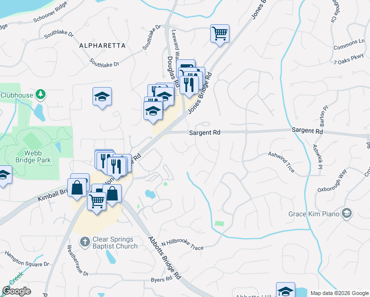 map of restaurants, bars, coffee shops, grocery stores, and more near 110 Pinion Circle in Alpharetta