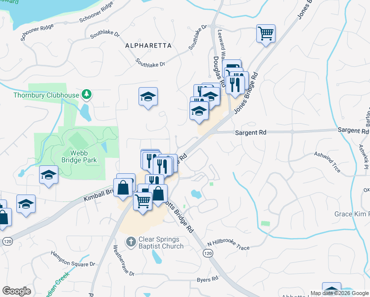 map of restaurants, bars, coffee shops, grocery stores, and more near 5231 Wellsley Bend in Alpharetta
