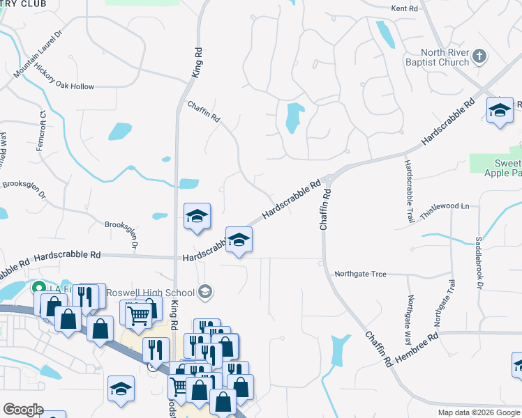 map of restaurants, bars, coffee shops, grocery stores, and more near 590 Hardscrabble Road in Roswell