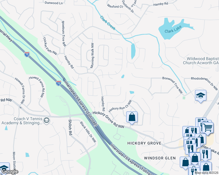 map of restaurants, bars, coffee shops, grocery stores, and more near 1916 Tranquil Field Way Northwest in Acworth