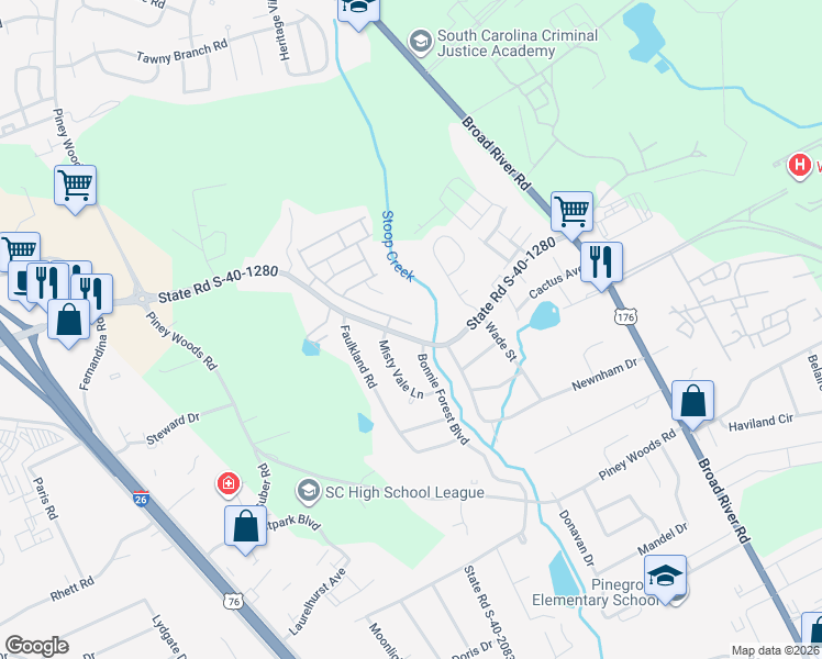 map of restaurants, bars, coffee shops, grocery stores, and more near 180 Springhaven Drive in Columbia