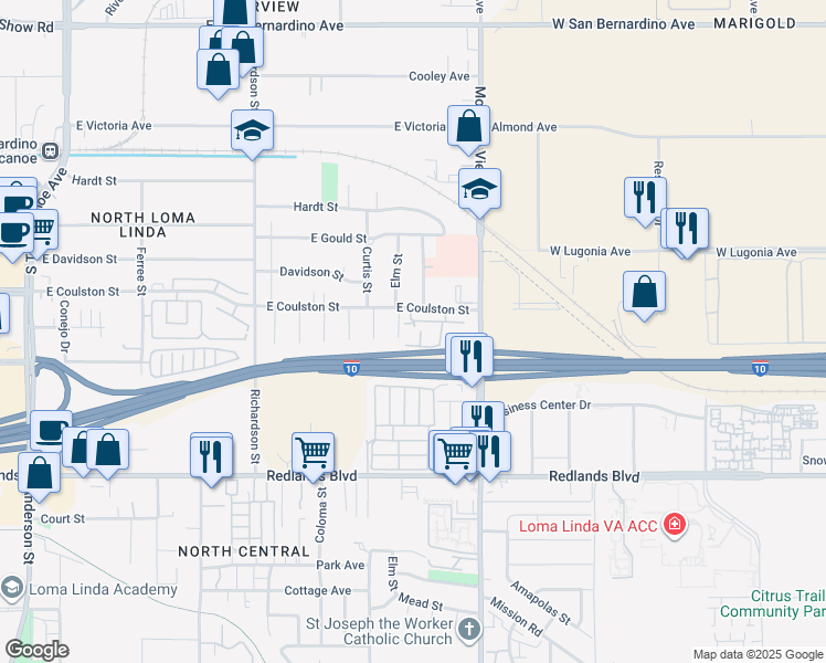 map of restaurants, bars, coffee shops, grocery stores, and more near 1965 Coulston Street in Loma Linda