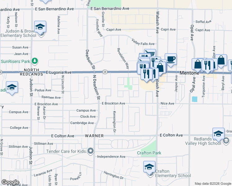 map of restaurants, bars, coffee shops, grocery stores, and more near 1174 Vía San Remo in Redlands
