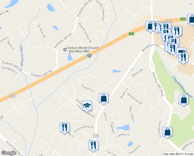 map of restaurants, bars, coffee shops, grocery stores, and more near 2838 Evonshire Lane in Dacula
