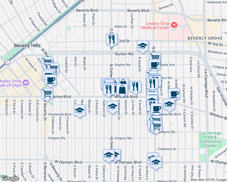 map of restaurants, bars, coffee shops, grocery stores, and more near 110 North Doheny Drive in Beverly Hills