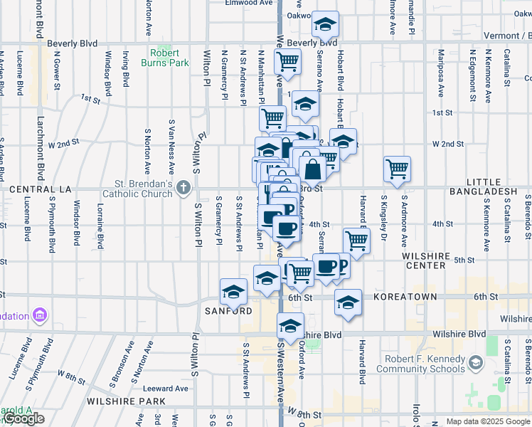 map of restaurants, bars, coffee shops, grocery stores, and more near 344 South Manhattan Place in Los Angeles
