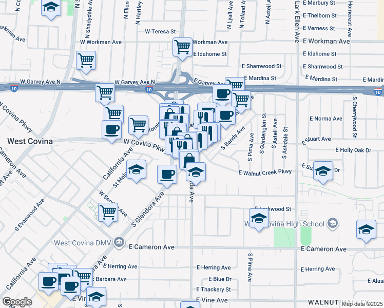 map of restaurants, bars, coffee shops, grocery stores, and more near 415 South Glendora Avenue in West Covina