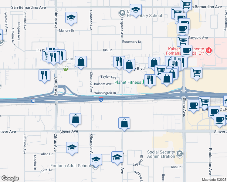 map of restaurants, bars, coffee shops, grocery stores, and more near 16448 Washington Drive in Fontana