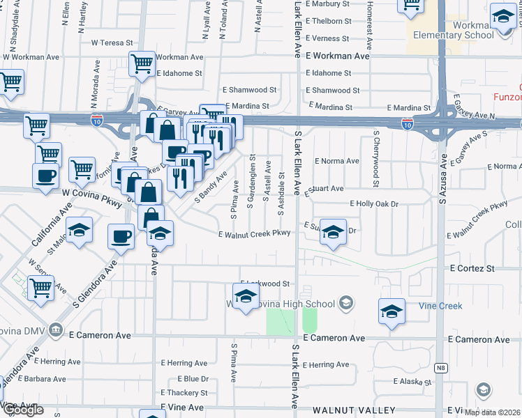 map of restaurants, bars, coffee shops, grocery stores, and more near 316 South Gardenglen Street in West Covina