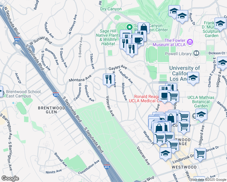 map of restaurants, bars, coffee shops, grocery stores, and more near 515 Kelton Avenue in Los Angeles