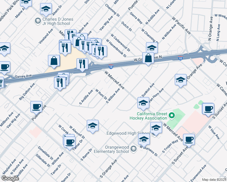 map of restaurants, bars, coffee shops, grocery stores, and more near 1229 South Willow Avenue in West Covina