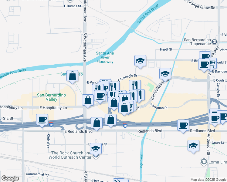 map of restaurants, bars, coffee shops, grocery stores, and more near 473 East Carnegie Drive in San Bernardino